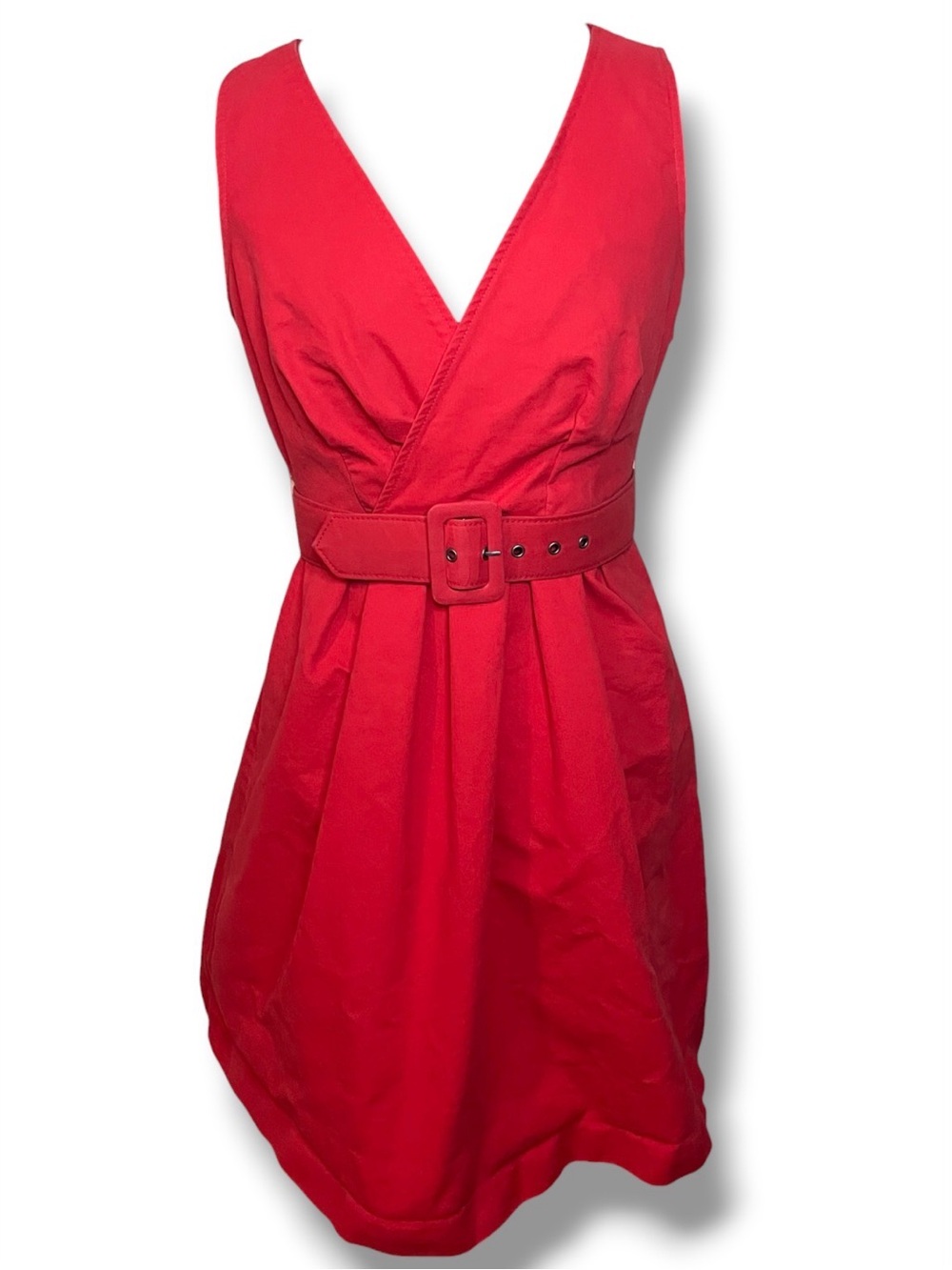 Red V-Neck Belted Mini Dress